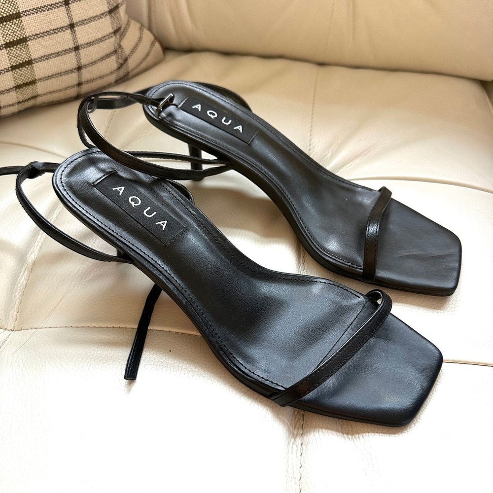 AQUA Black Strappy Heeled Sandals – Square Toe Minimalist Heels